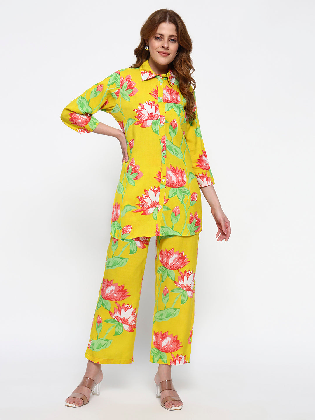 Yellow Floral Printed Cotton Blend Co-Ord Set (Copy)