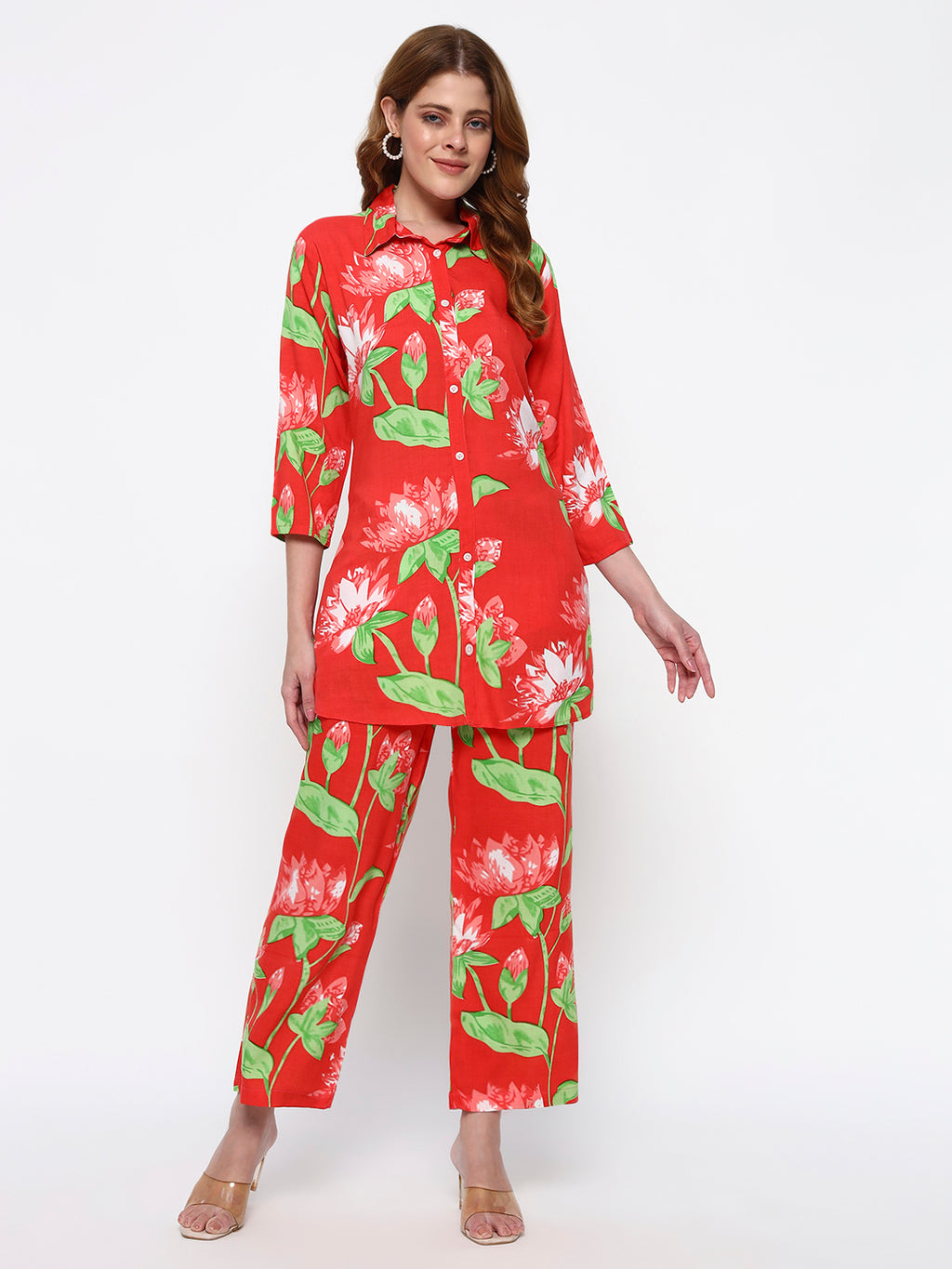 Pink Floral Printed Cotton Blend Co-Ord Set