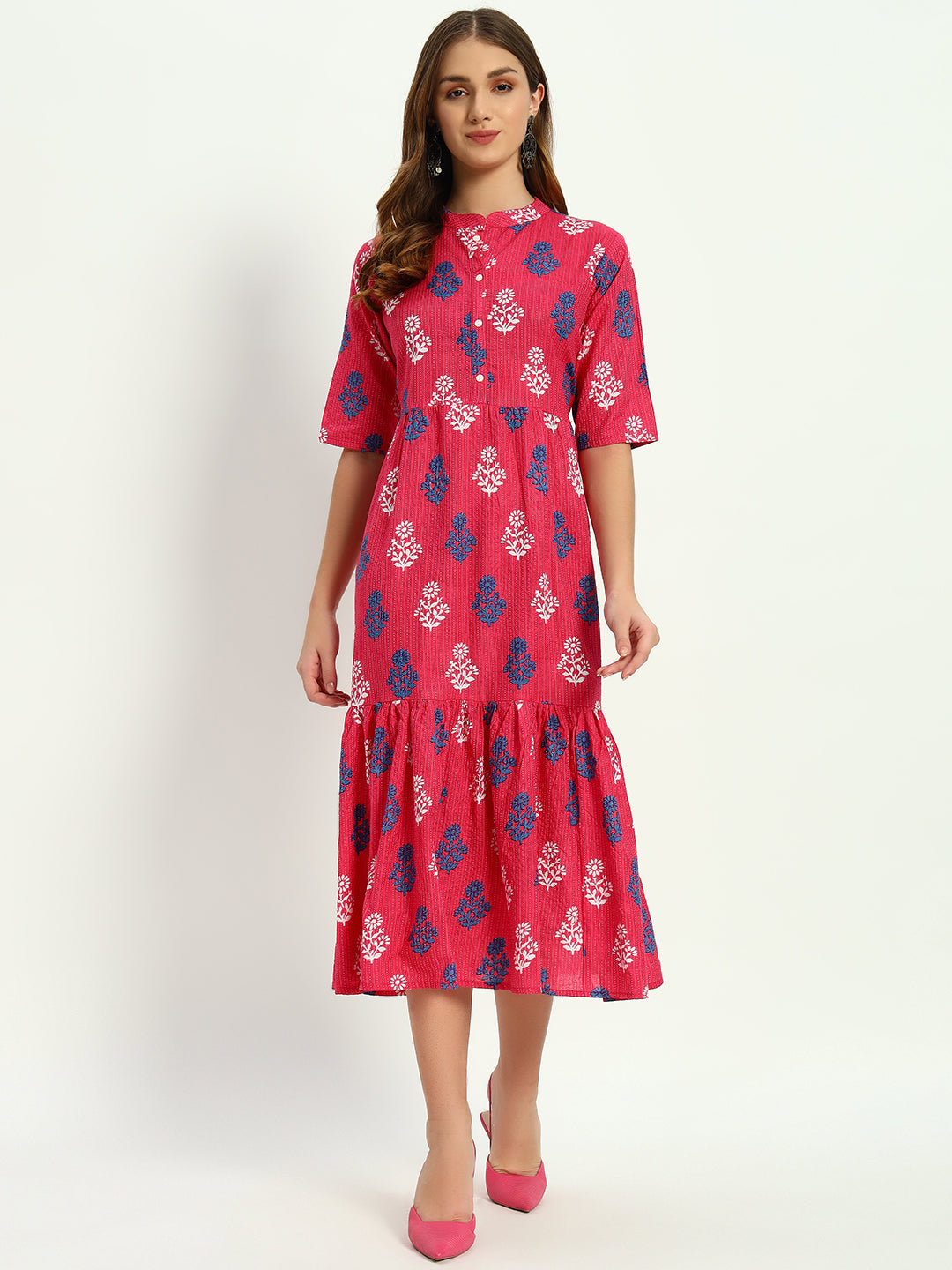 Pink Ethnic Motifs Floral Printed Tiered Fit & Flare Ethnic Dress (Copy)