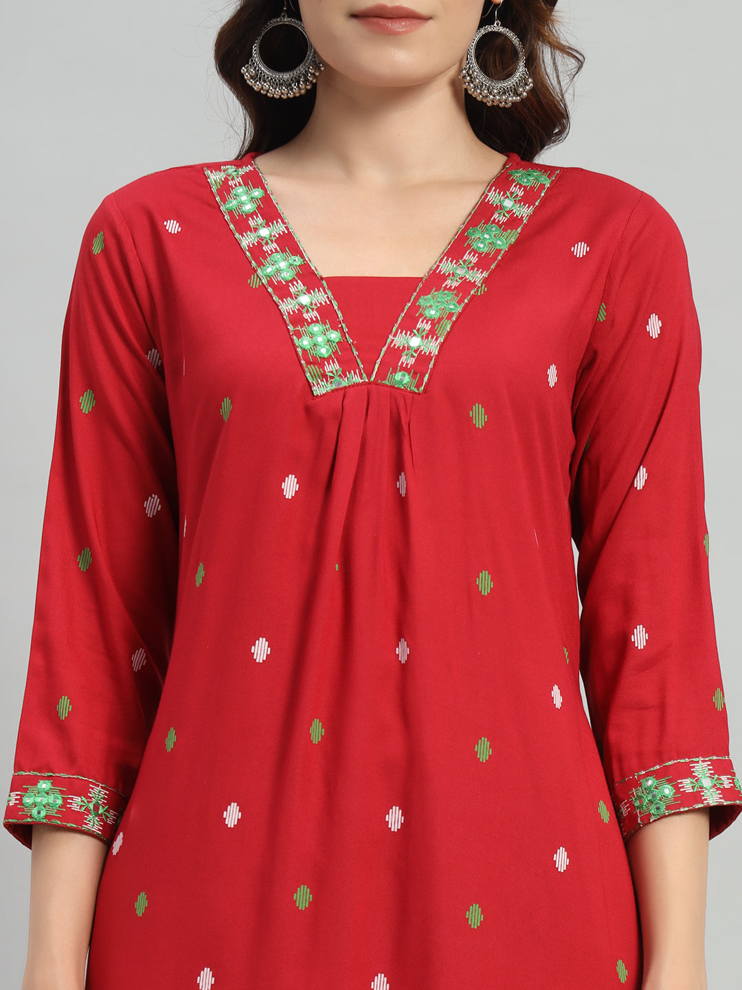 Maroon Printed Cotton Blend A-line Suit Set