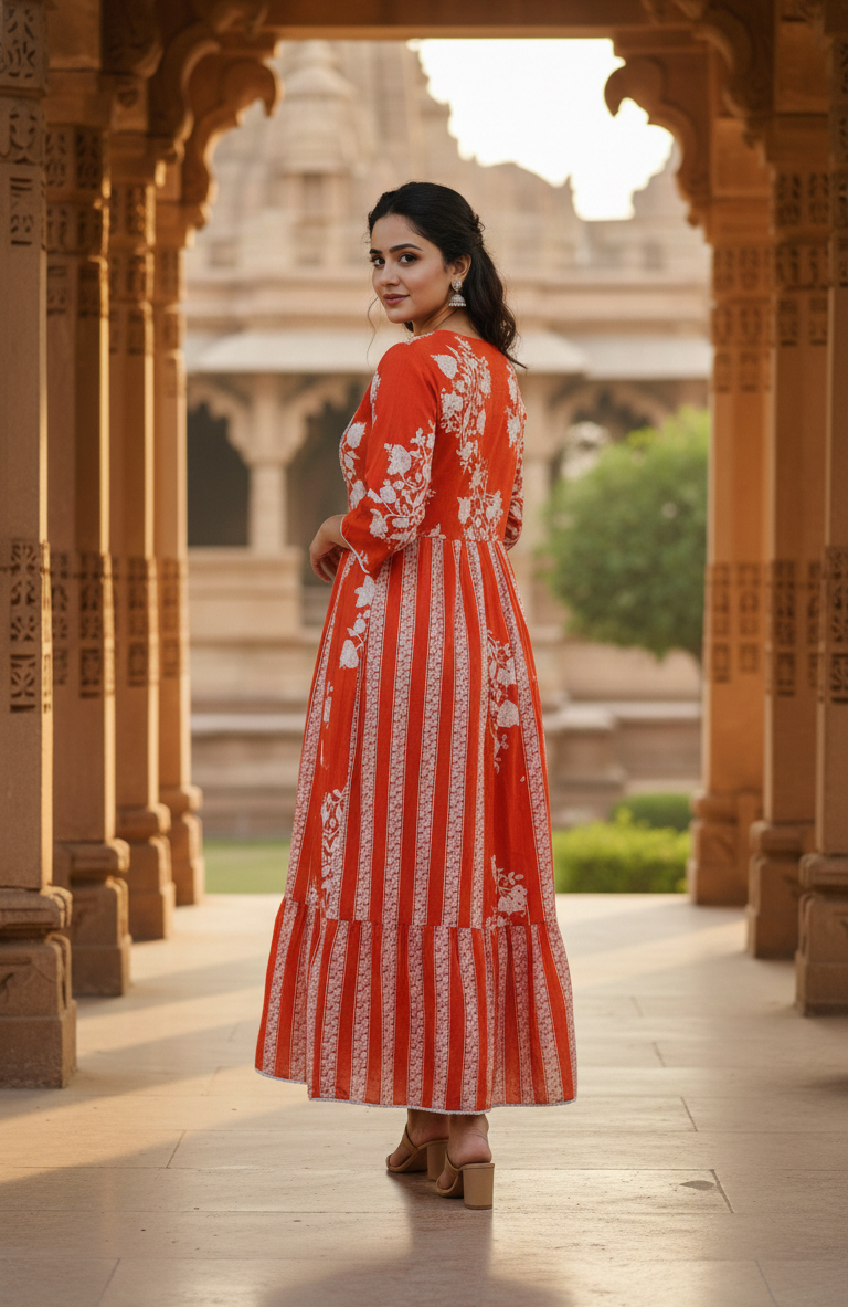 Orange Floral Printed Rayon Anarkali Knee Kurta
