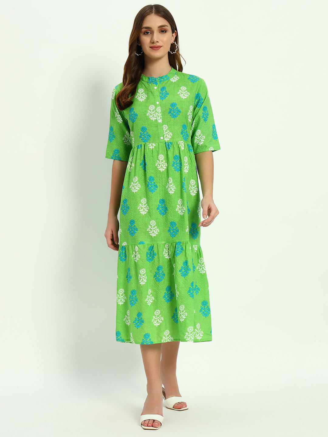 Green Ethnic Motifs Floral Printed Tiered Fit & Flare Ethnic Dress