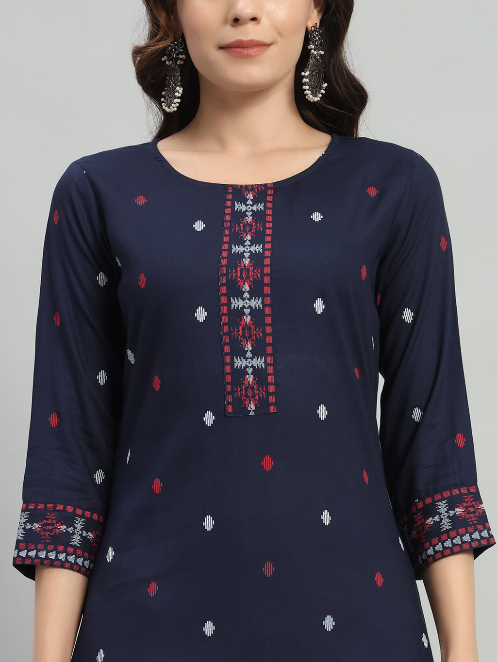Navy Blue Floral Printed Rayon Straight Calf Length Kurta