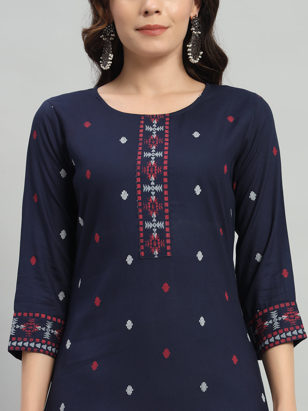 Navy Blue Floral Printed Rayon Straight Calf Length Kurta