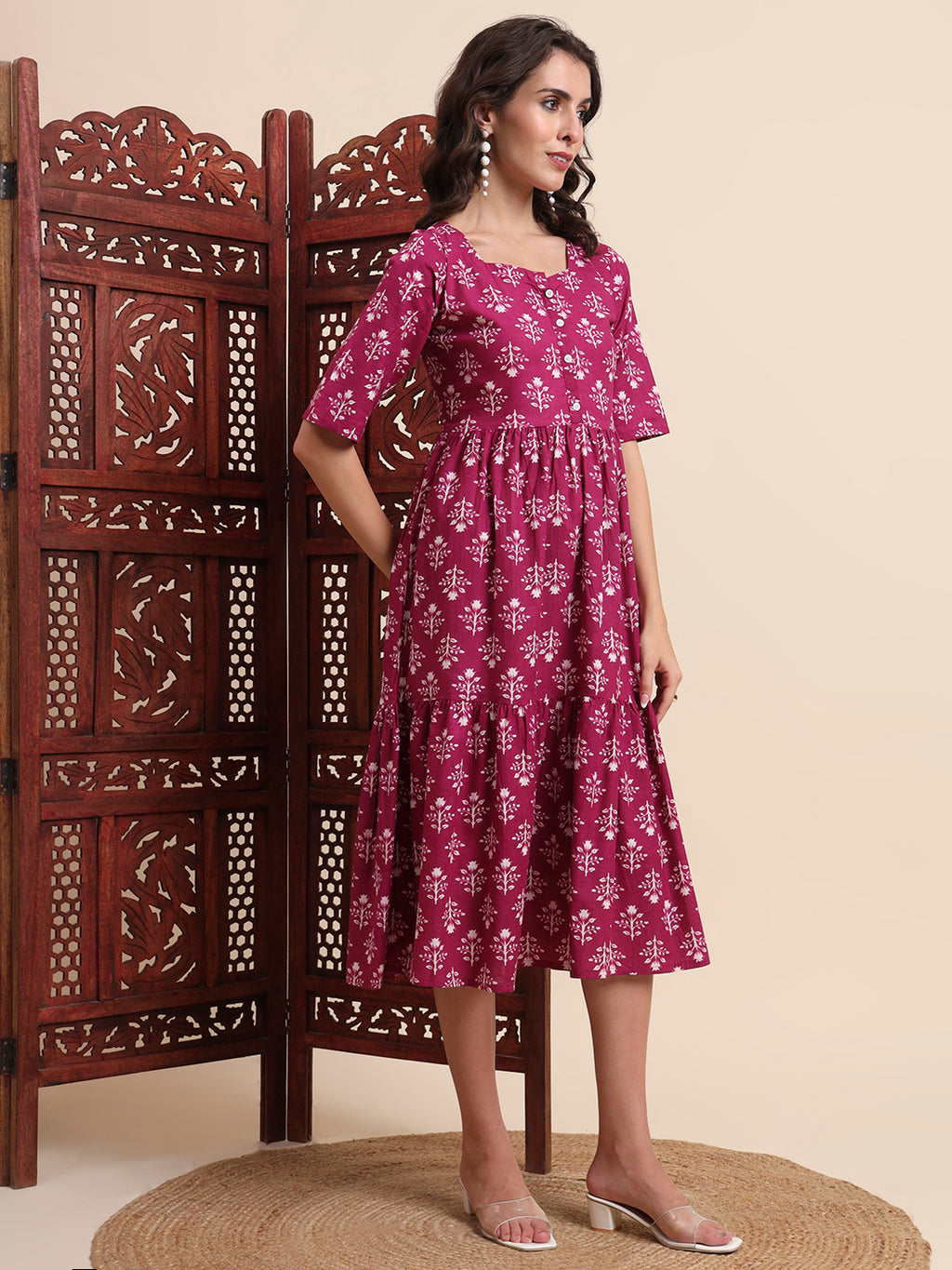 Ethnic Motifs Floral Printed Tiered Fit & Flare Ethnic Dress