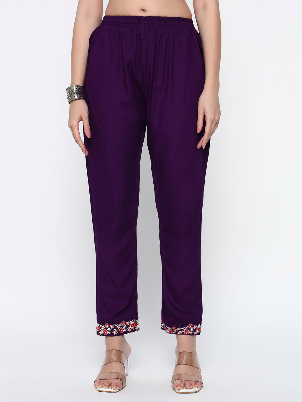 Purple Embroidery Cotton Blend Straight Kurta Pant Dupatta Set