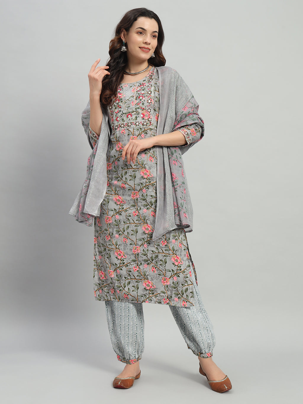 Grey Embroidery Cotton Blend Straight Kurta Pant Dupatta Set