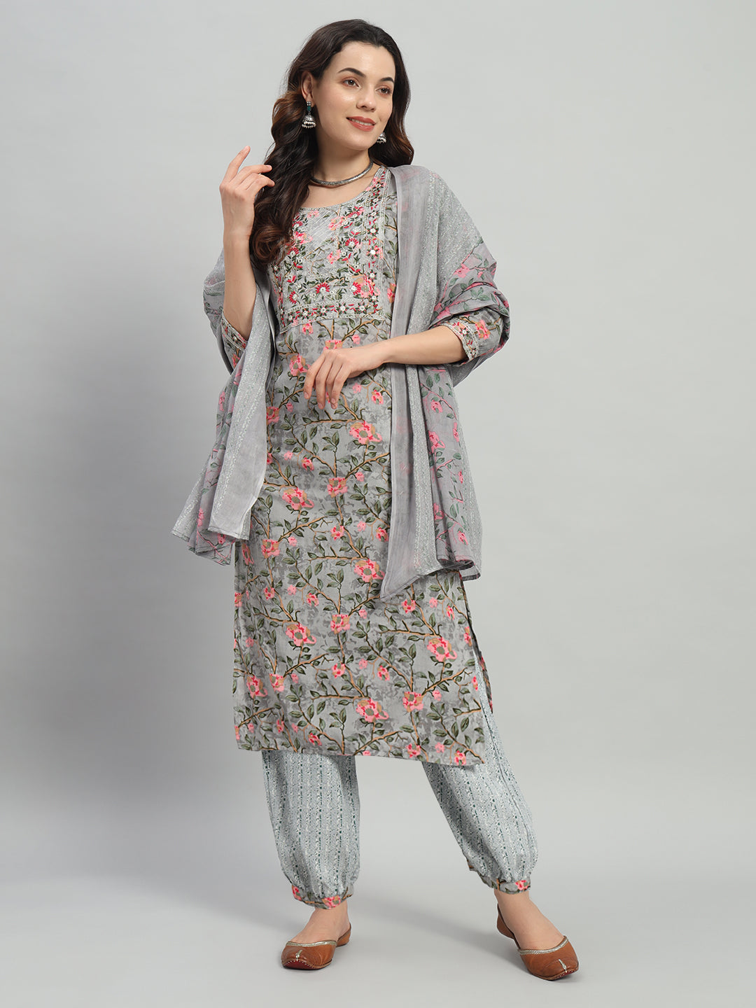 Grey Embroidery Cotton Blend Straight Kurta Pant Dupatta Set