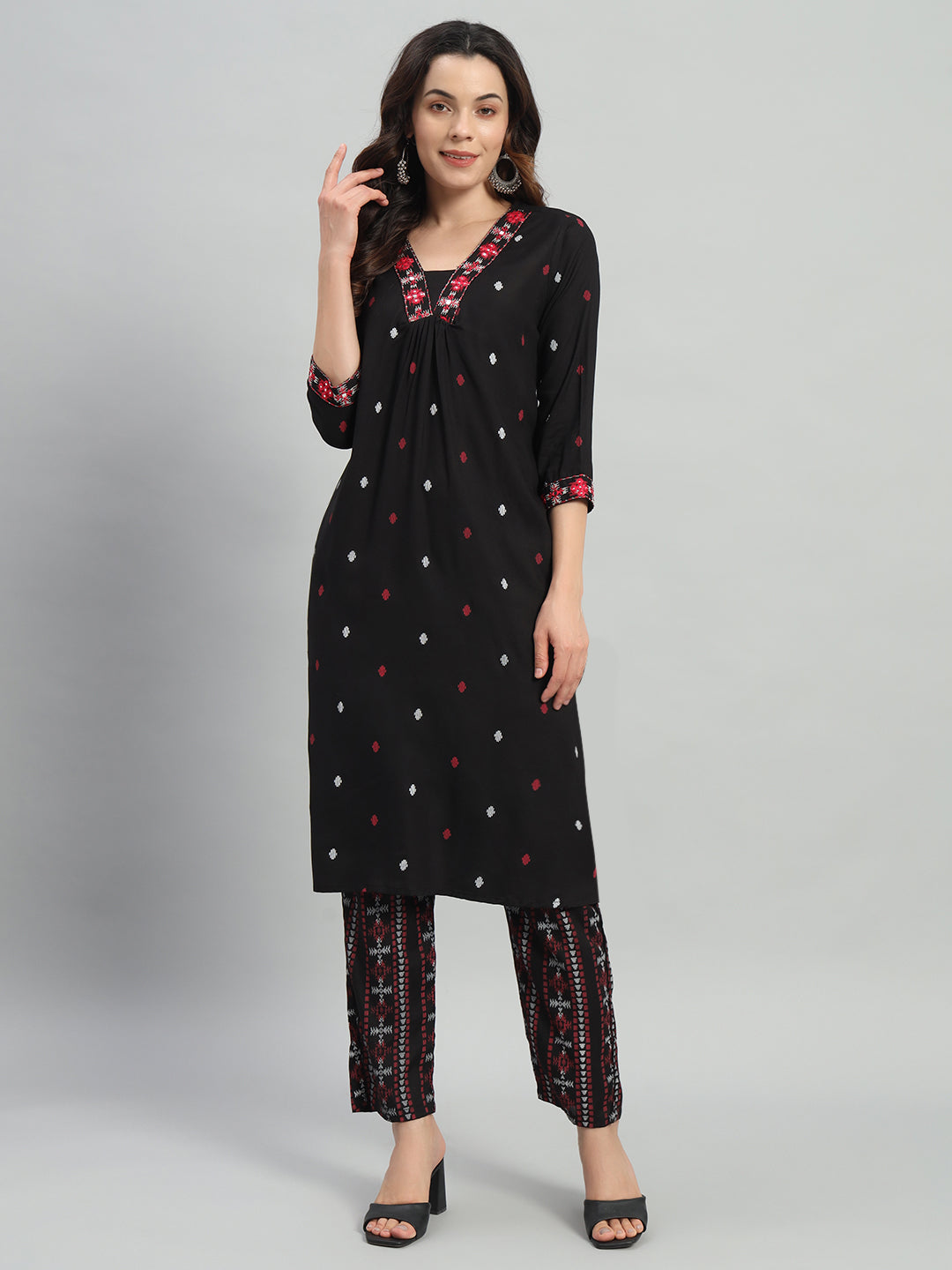 Black Printed Cotton Blend A-line Suit Set