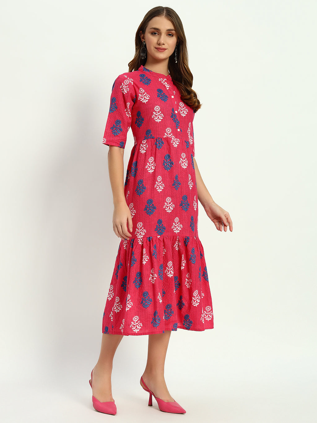 Pink Ethnic Motifs Floral Printed Tiered Fit & Flare Ethnic Dress (Copy)