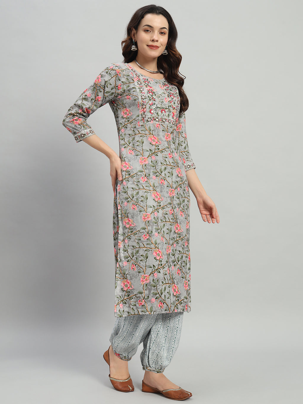 Grey Embroidery Cotton Blend Straight Kurta Pant Dupatta Set