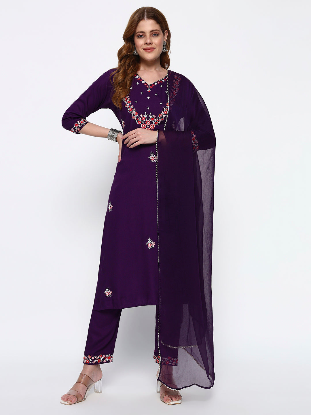 Purple Embroidery Cotton Blend Straight Kurta Pant Dupatta Set