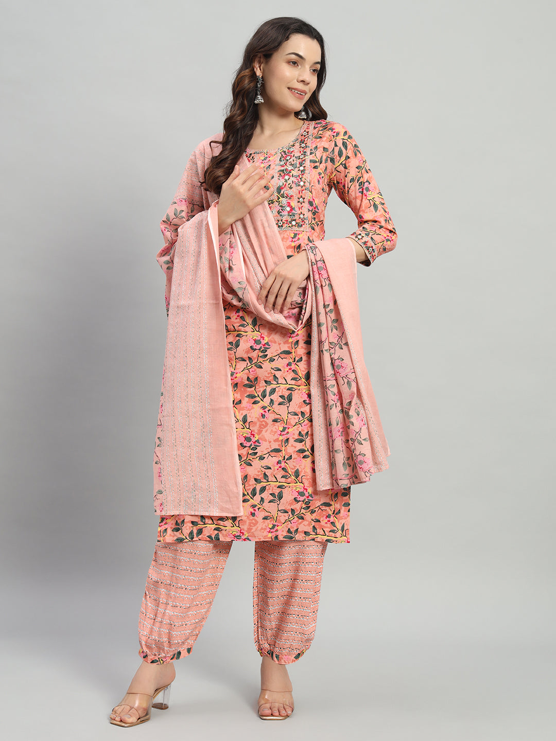 Pink Embroidery Cotton Blend Straight Kurta Pant Dupatta Set
