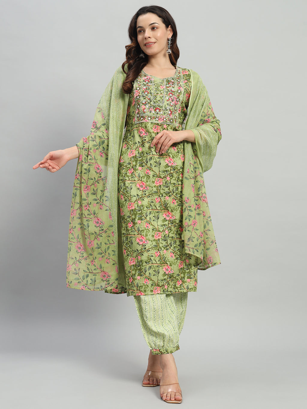 Green Embroidery Cotton Blend Straight Kurta Pant Dupatta Set (Copy)