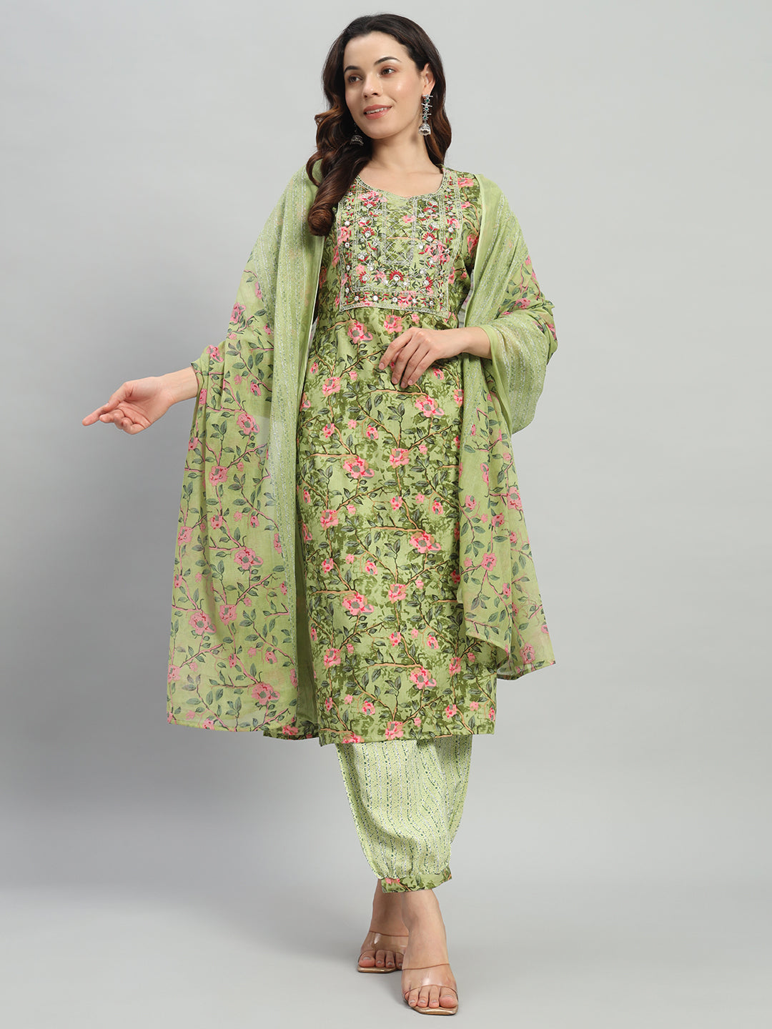 Green Embroidery Cotton Blend Straight Kurta Pant Dupatta Set (Copy)