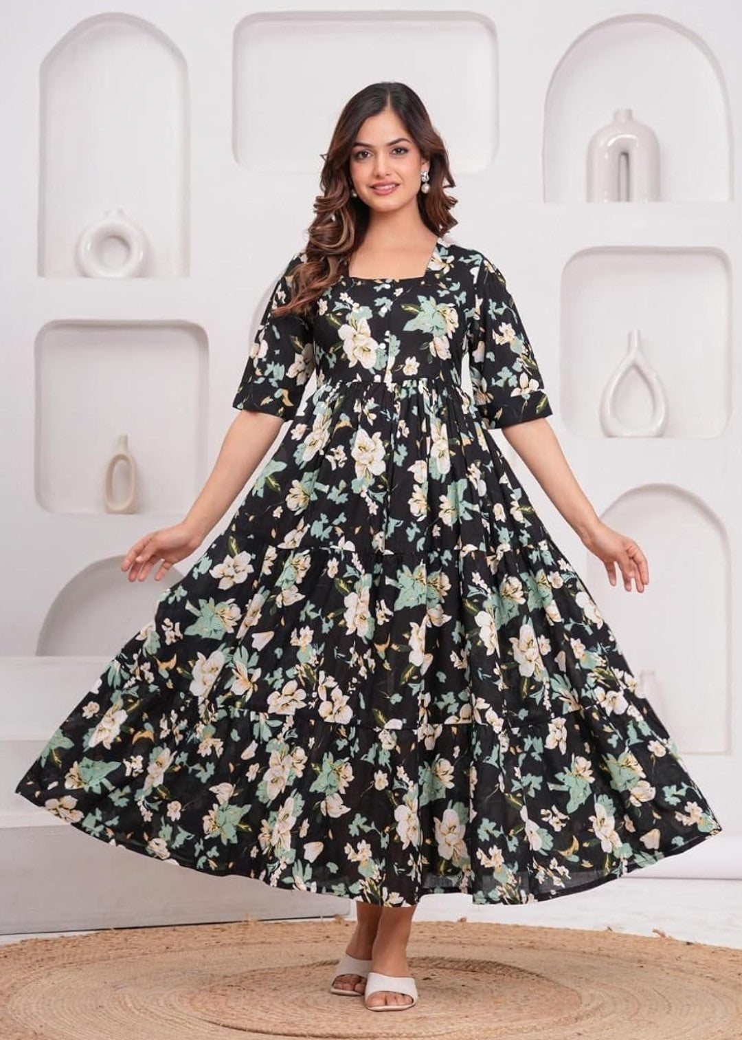 Black Ethnic Motifs Floral Printed Tiered Fit & Flare Ethnic Dress (Copy)