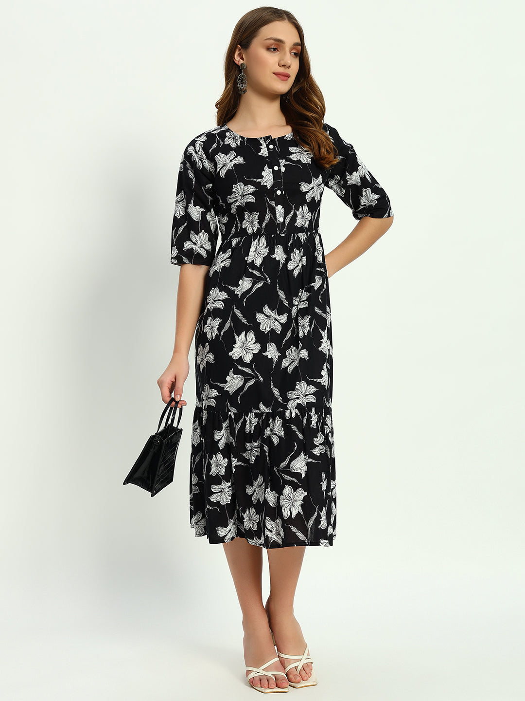 Ethnic Motifs Floral Printed Tiered Fit & Flare Ethnic Dress