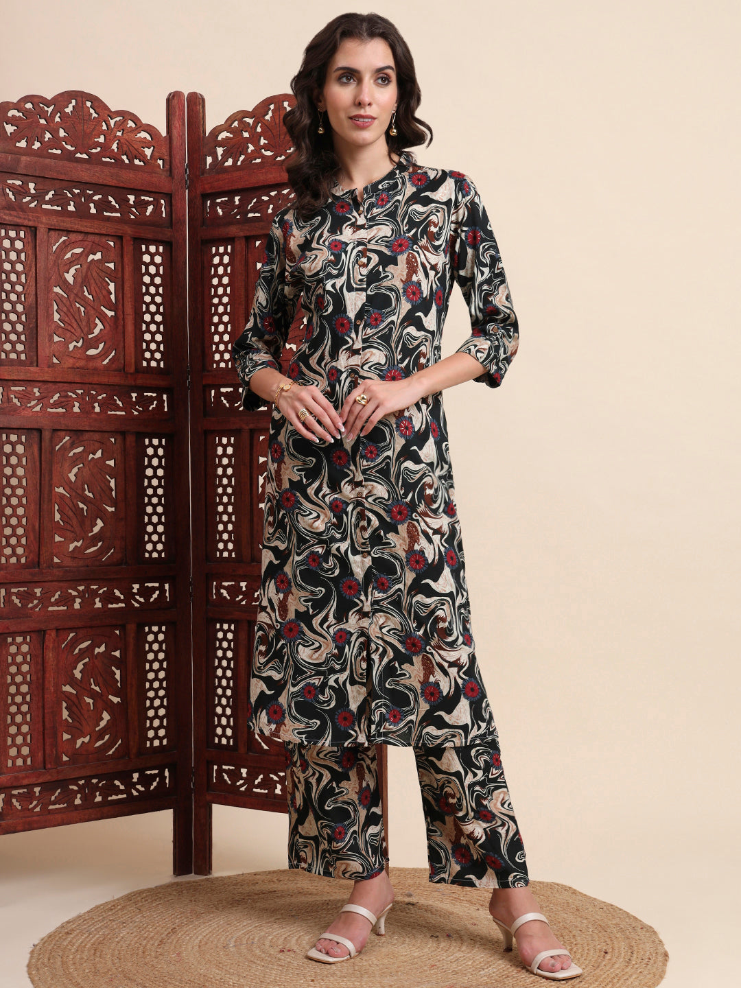 Green Rayon Foil Printed A-Line Kurta Pant Set