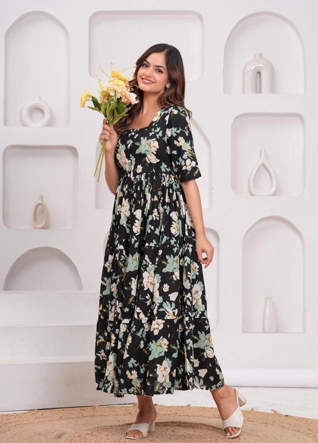 Black Ethnic Motifs Floral Printed Tiered Fit & Flare Ethnic Dress (Copy)