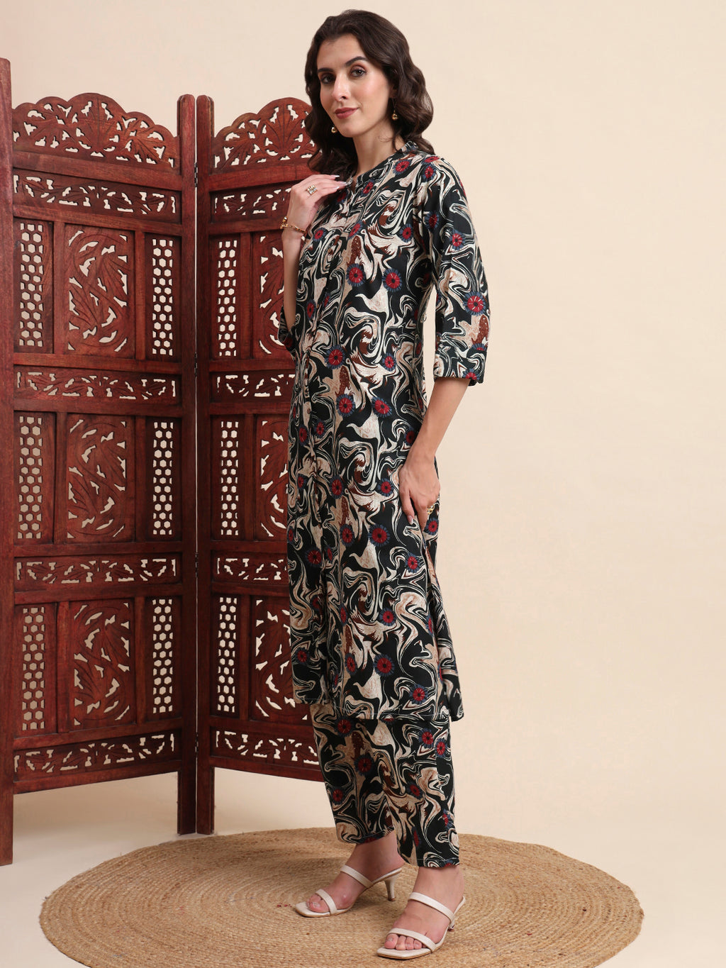 Green Rayon Foil Printed A-Line Kurta Pant Set