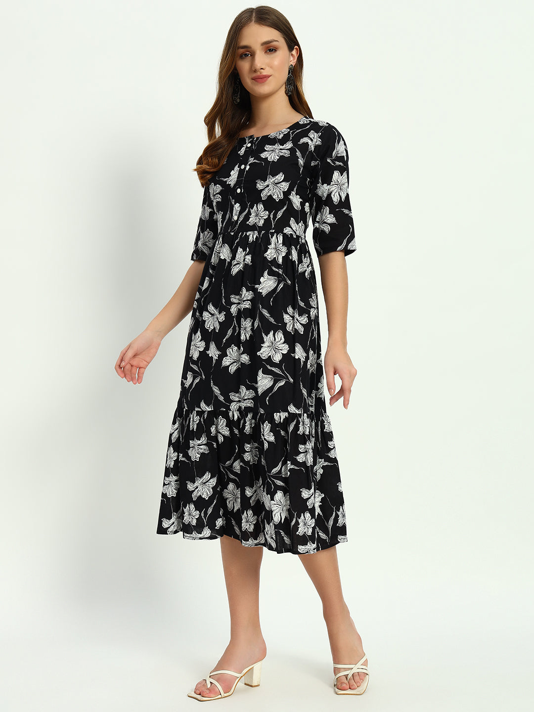 Ethnic Motifs Floral Printed Tiered Fit & Flare Ethnic Dress