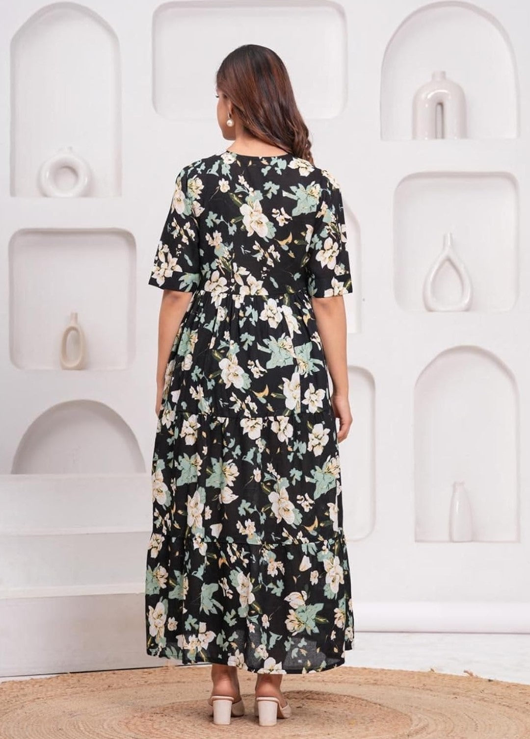 Black Ethnic Motifs Floral Printed Tiered Fit & Flare Ethnic Dress (Copy)