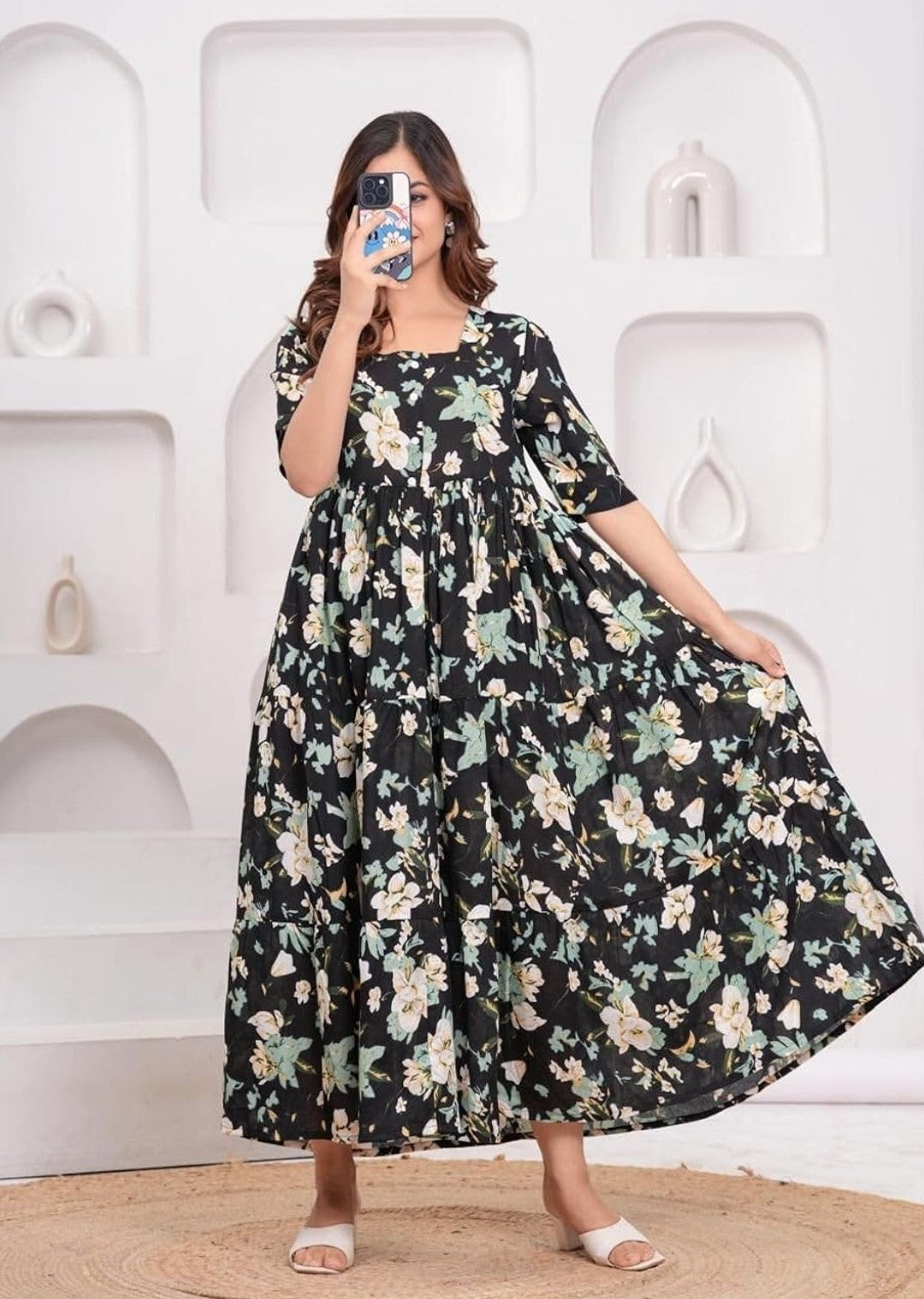 Black Ethnic Motifs Floral Printed Tiered Fit & Flare Ethnic Dress (Copy)