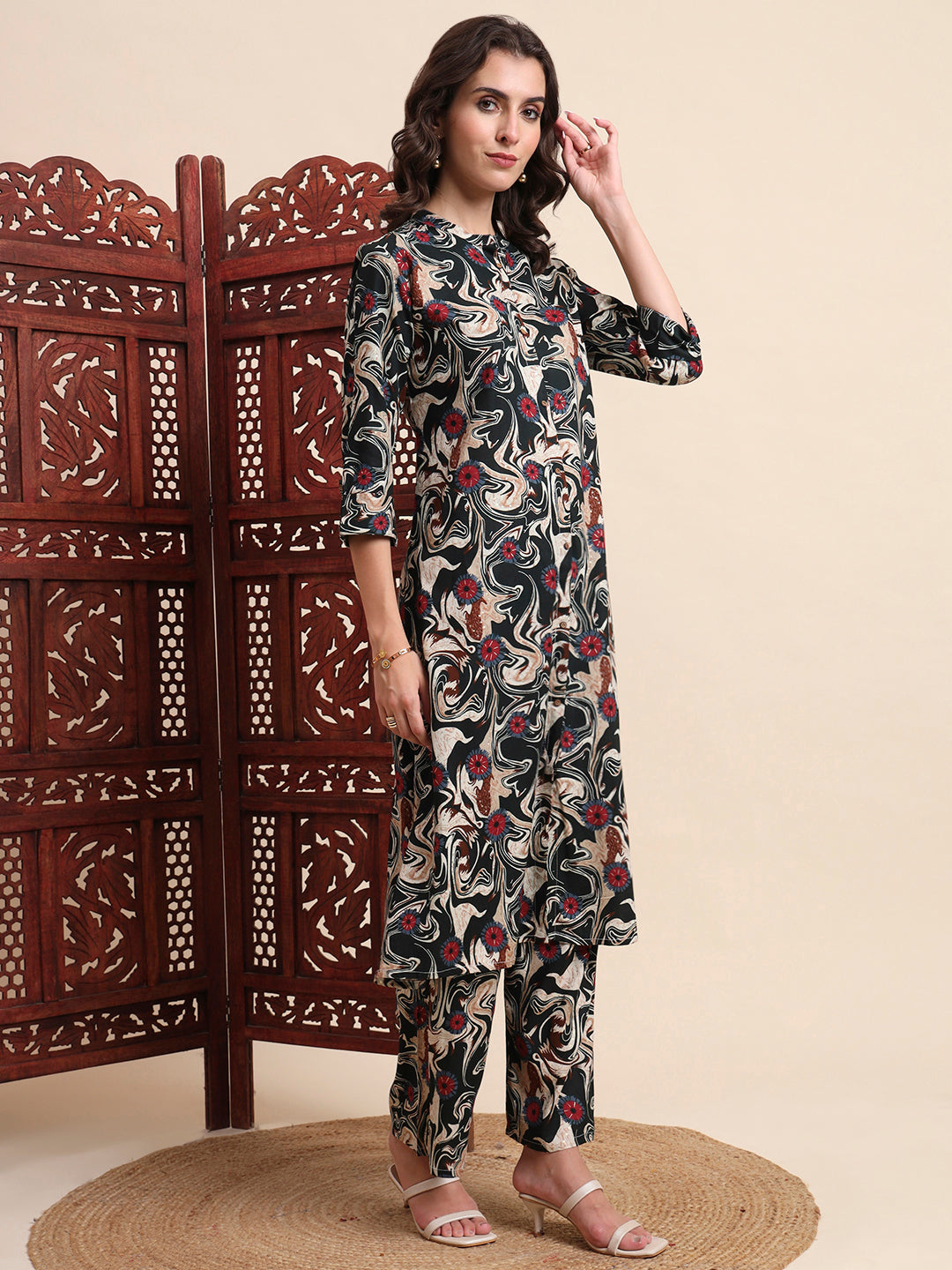 Green Rayon Foil Printed A-Line Kurta Pant Set