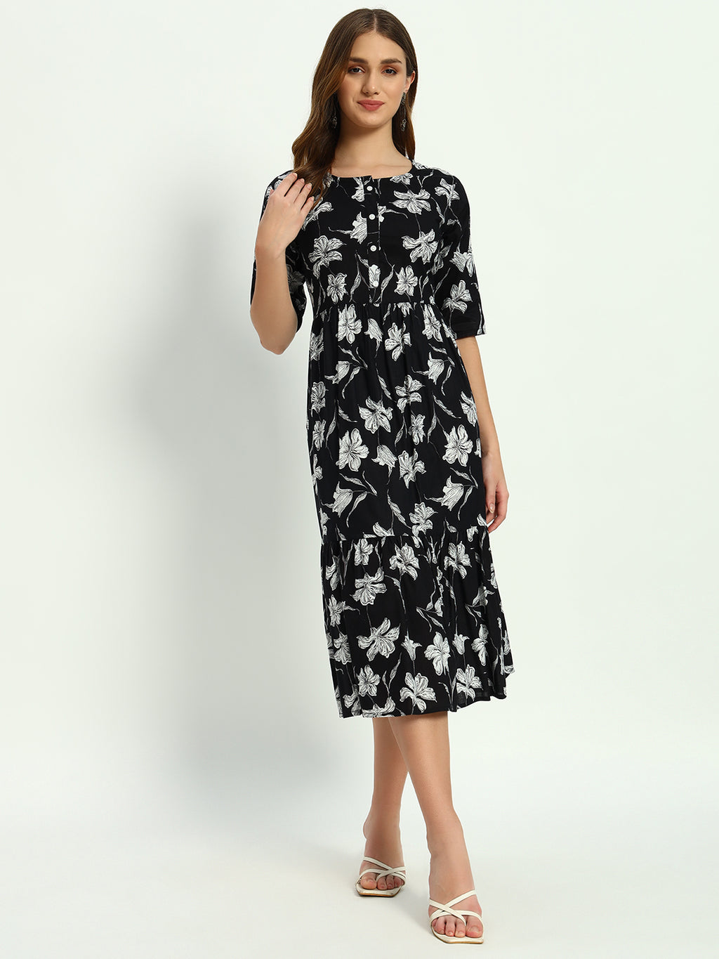 Ethnic Motifs Floral Printed Tiered Fit & Flare Ethnic Dress