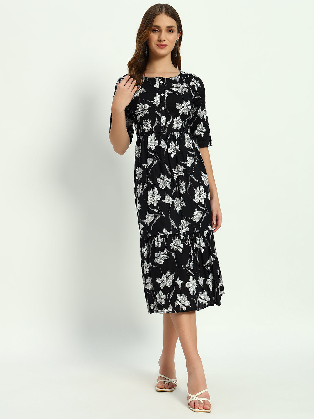 Ethnic Motifs Floral Printed Tiered Fit & Flare Ethnic Dress