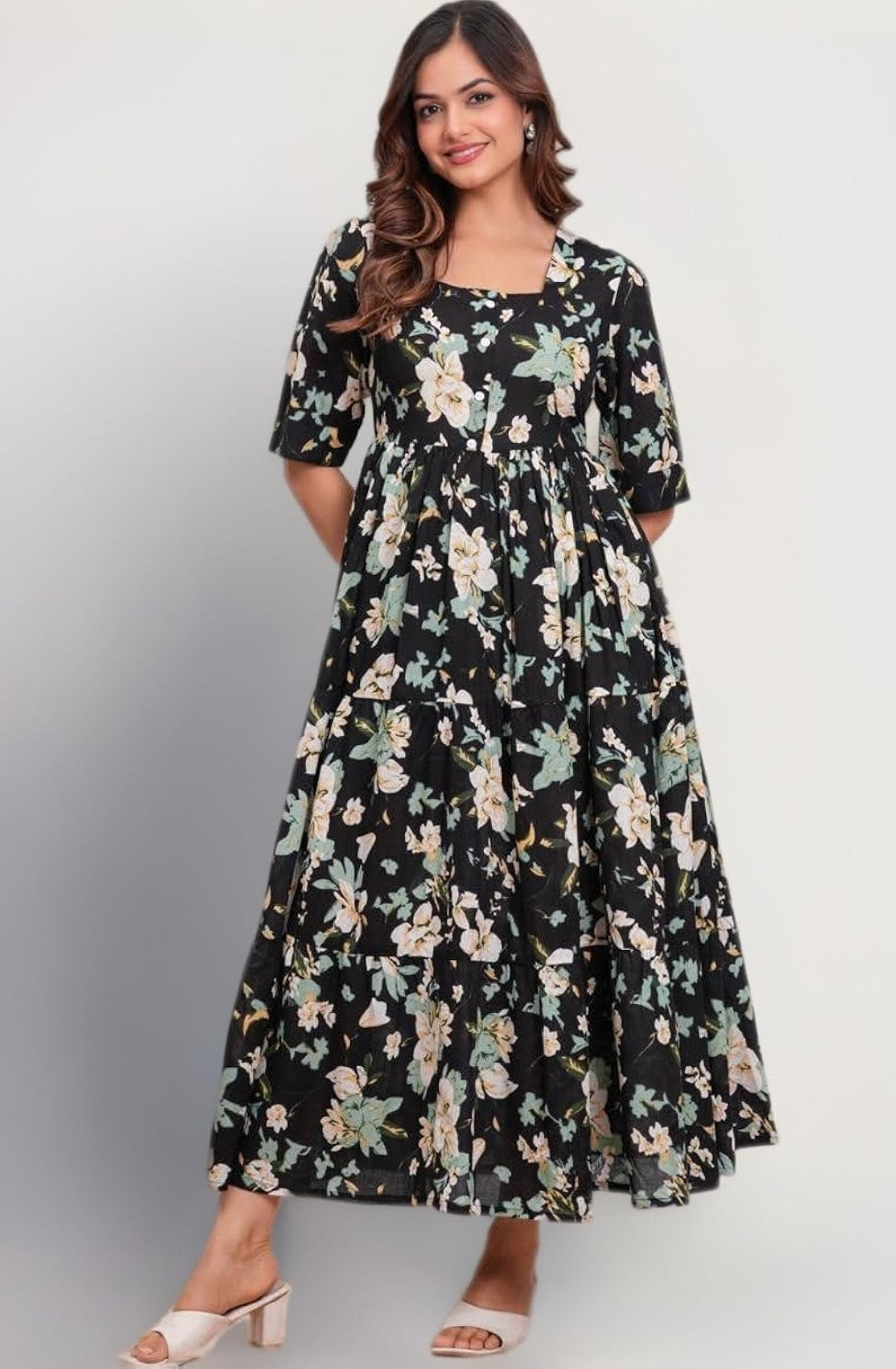Black Ethnic Motifs Floral Printed Tiered Fit & Flare Ethnic Dress (Copy)