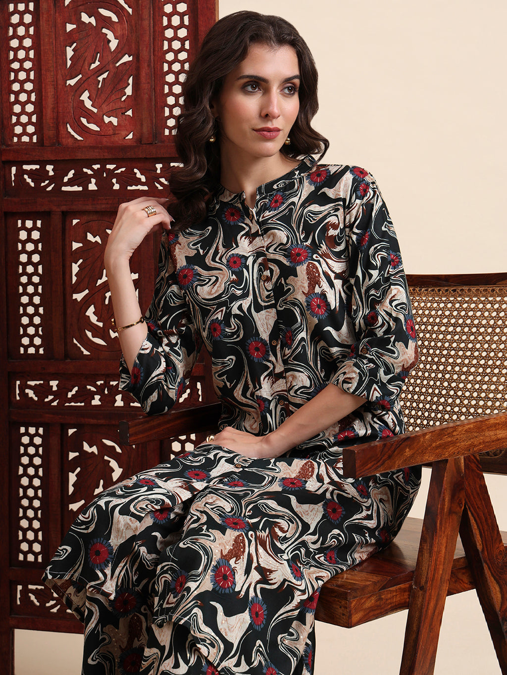 Green Rayon Foil Printed A-Line Kurta Pant Set