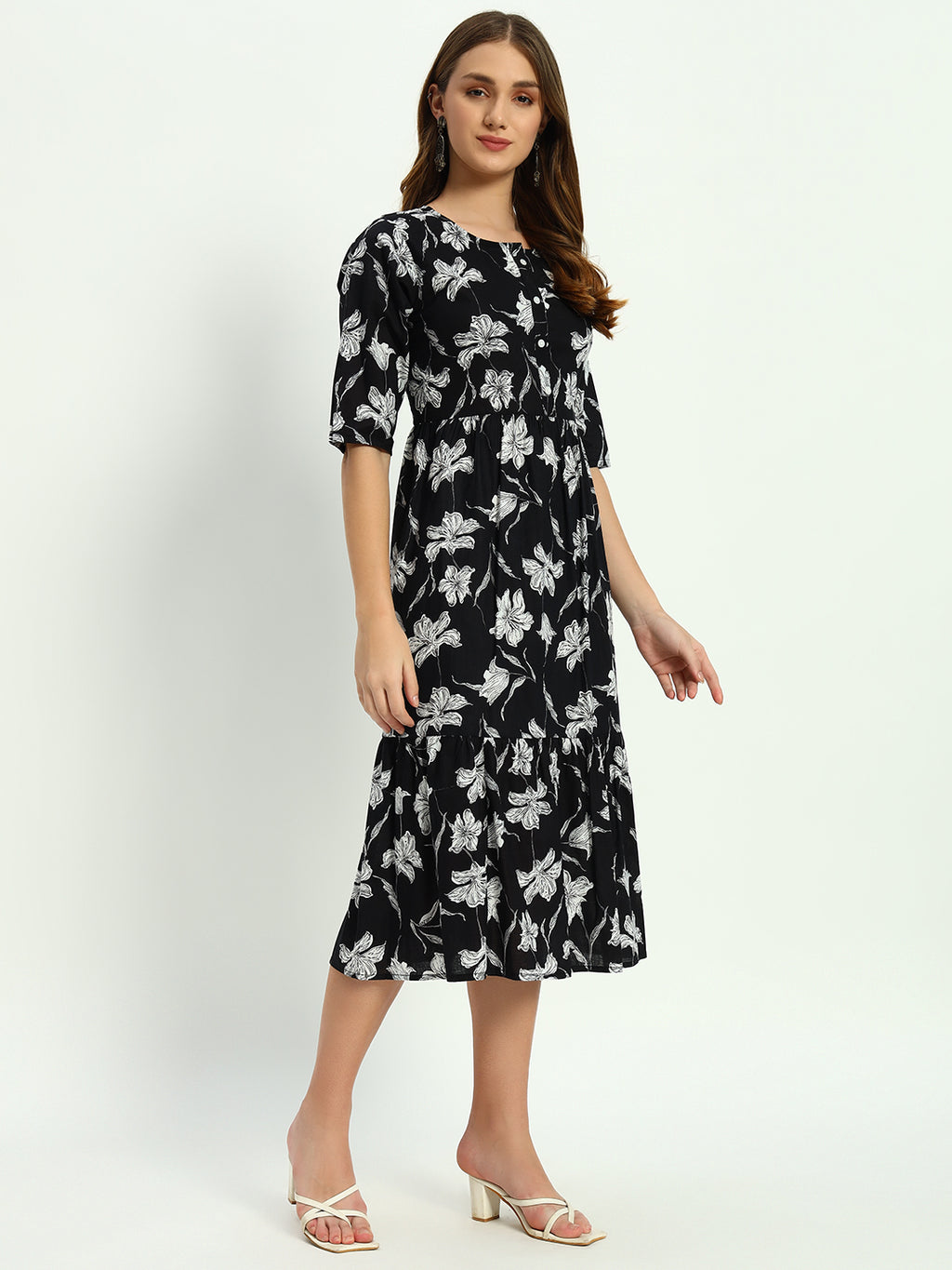 Ethnic Motifs Floral Printed Tiered Fit & Flare Ethnic Dress