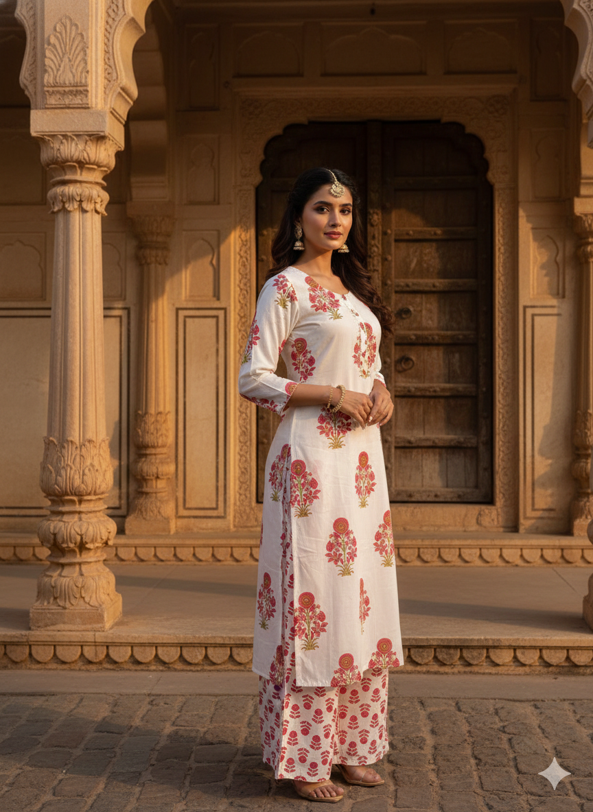 Red Printed Cotton Blend Straight Kurta Pant Set