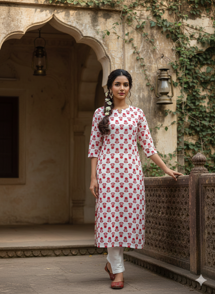 Red Floral Printed Rayon Straight Calf Length Kurta