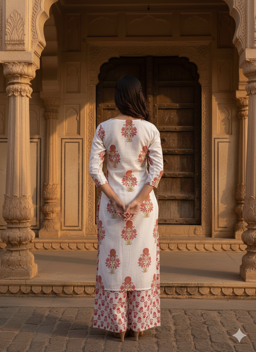 Red Printed Cotton Blend Straight Kurta Pant Set