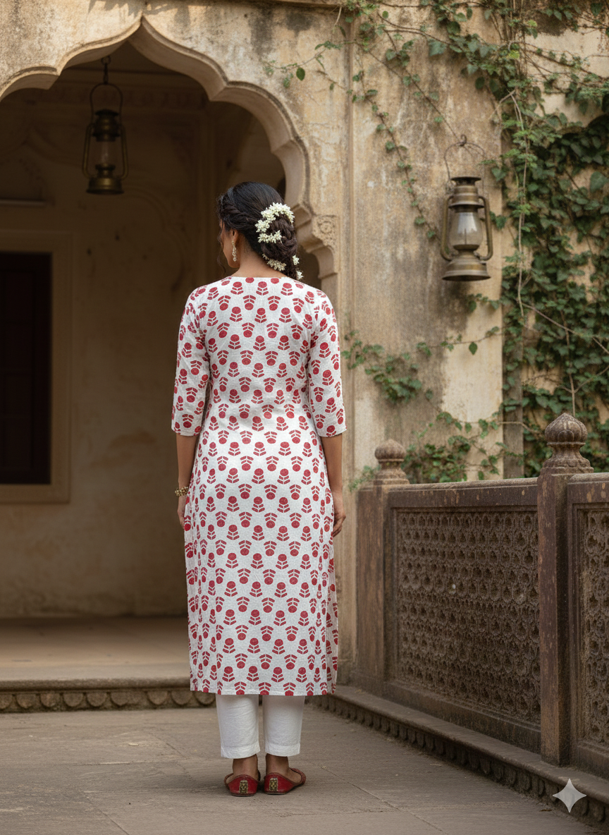 Red Floral Printed Rayon Straight Calf Length Kurta