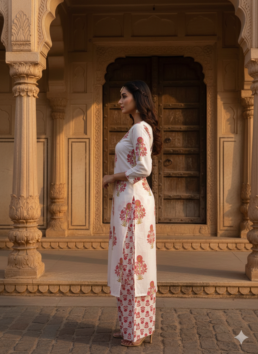 Red Printed Cotton Blend Straight Kurta Pant Set