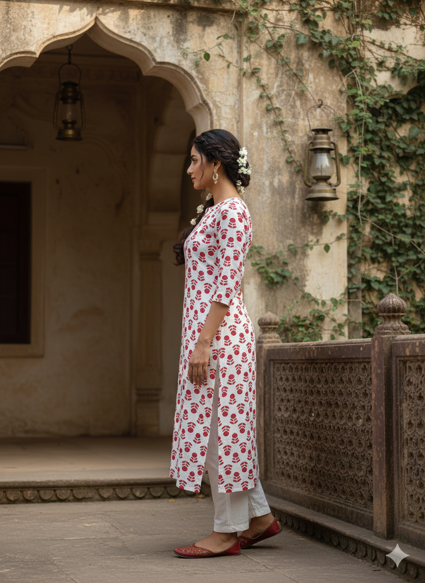 Red Floral Printed Rayon Straight Calf Length Kurta
