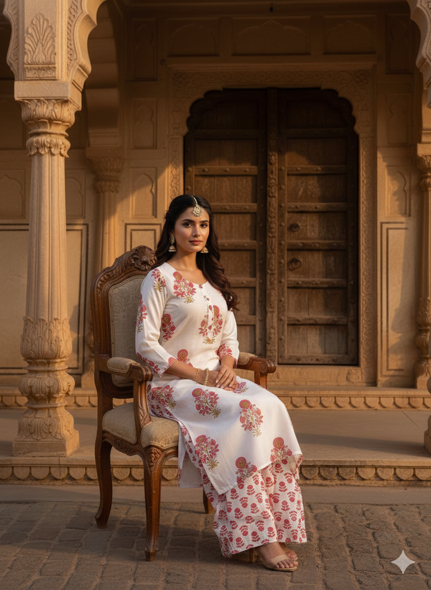 Red Printed Cotton Blend Straight Kurta Pant Set