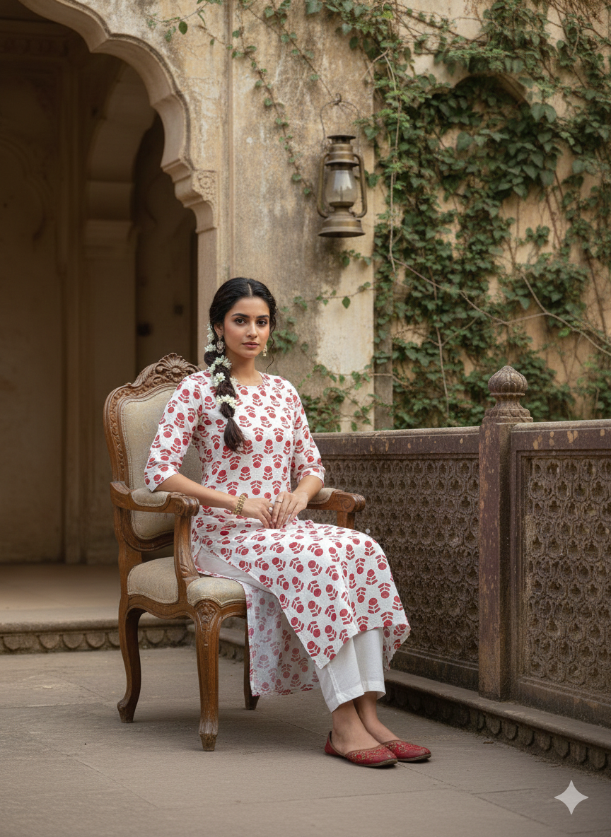 Red Floral Printed Rayon Straight Calf Length Kurta