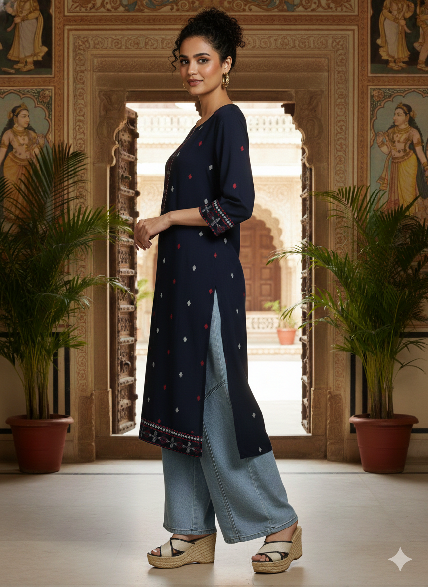 Navy Blue Floral Printed Rayon Straight Calf Length Kurta