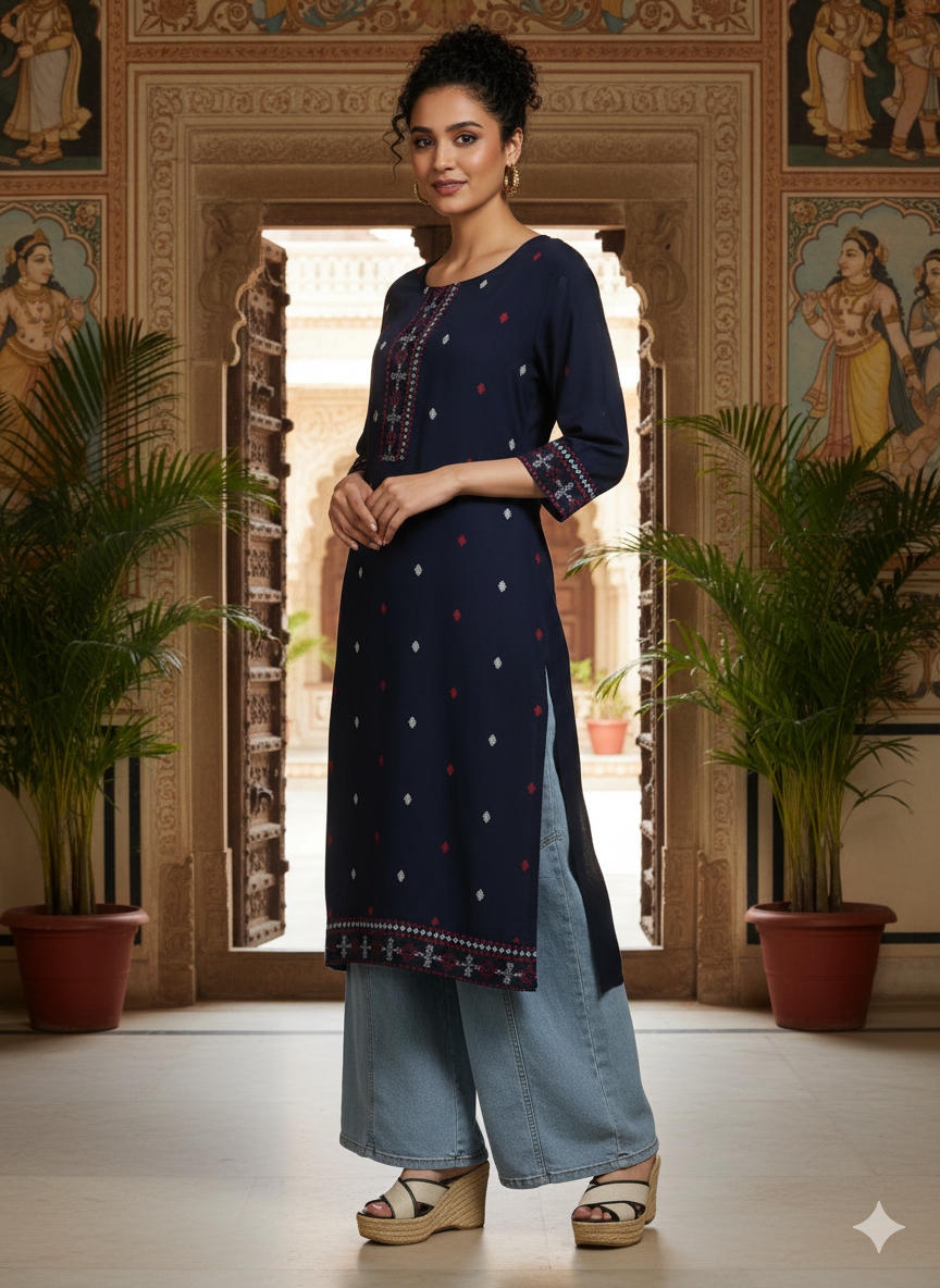 Navy Blue Floral Printed Rayon Straight Calf Length Kurta