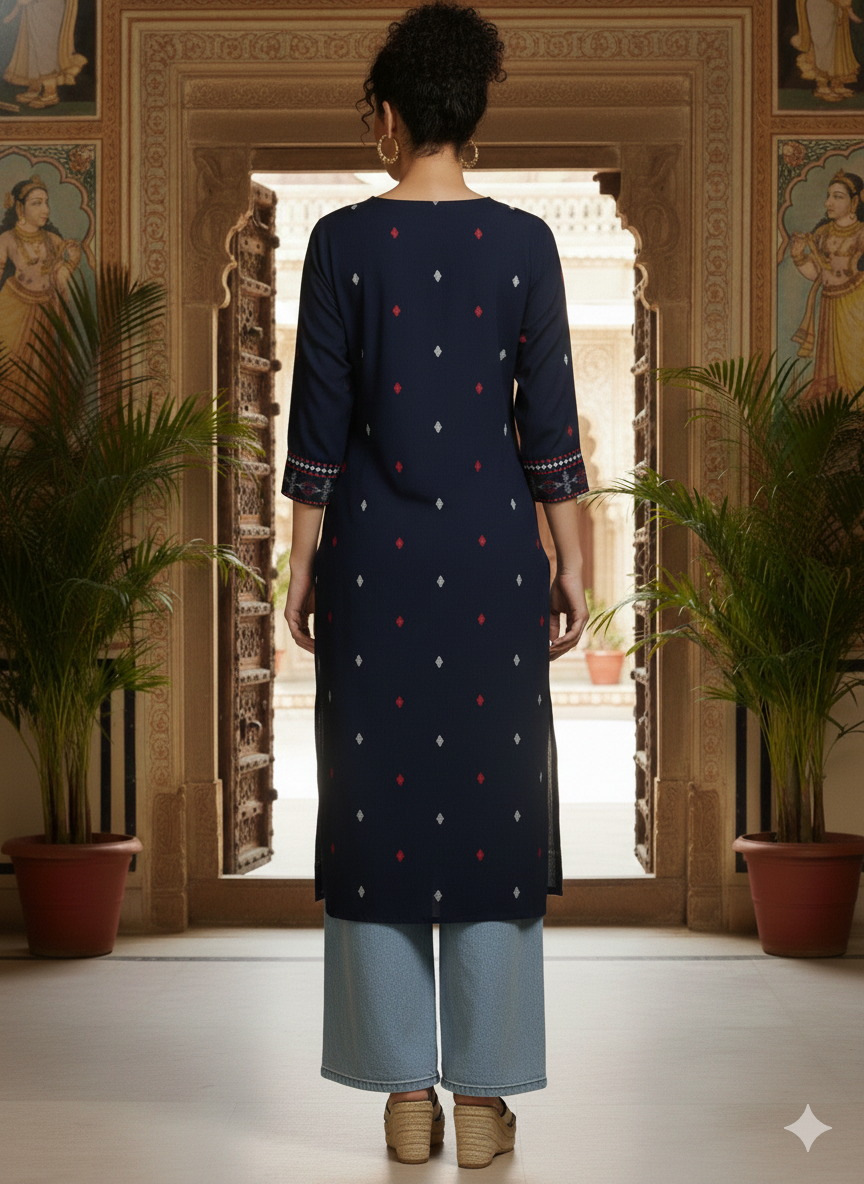 Navy Blue Floral Printed Rayon Straight Calf Length Kurta
