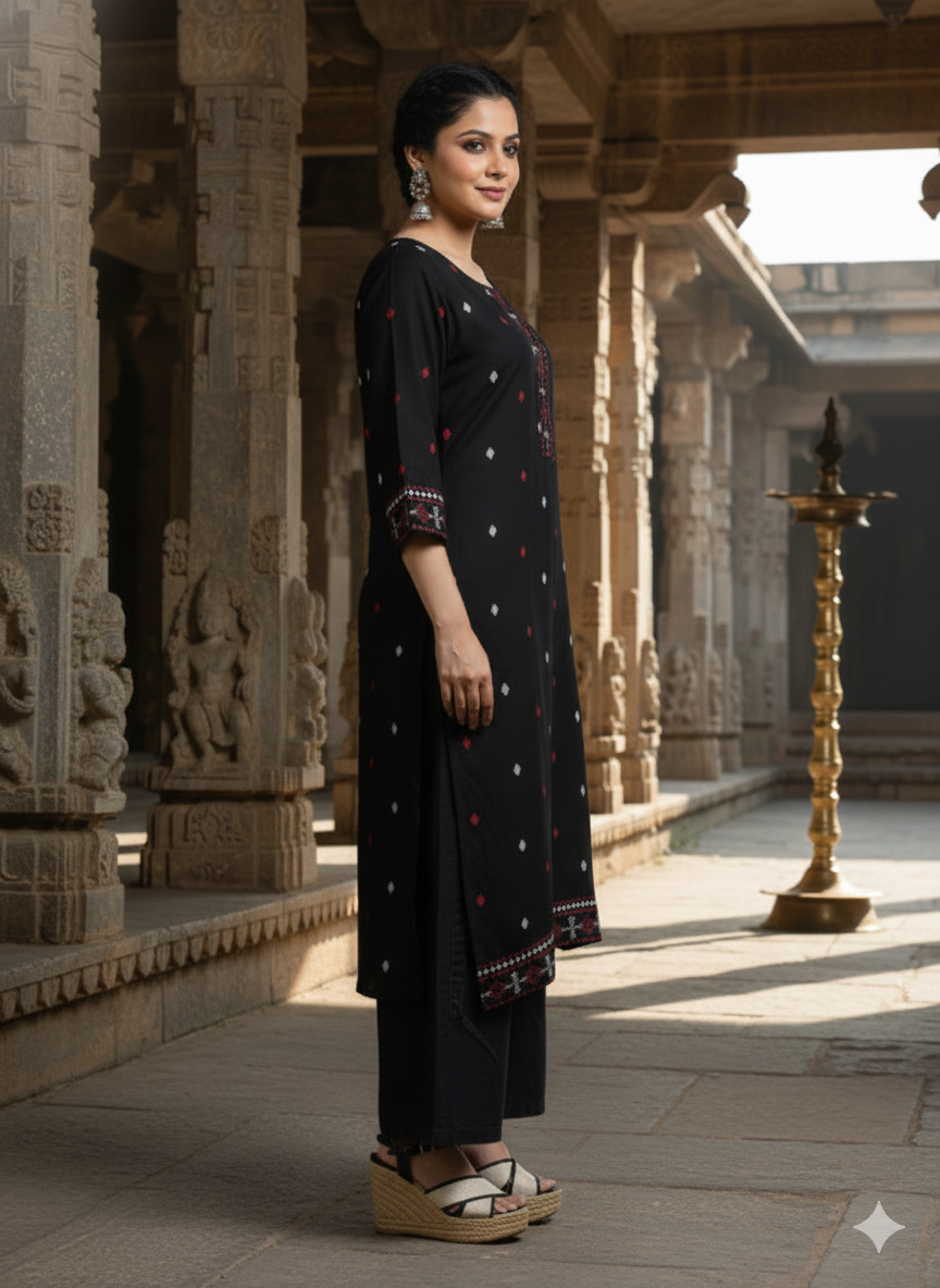 Black Floral Printed Rayon Straight Calf Length Kurta