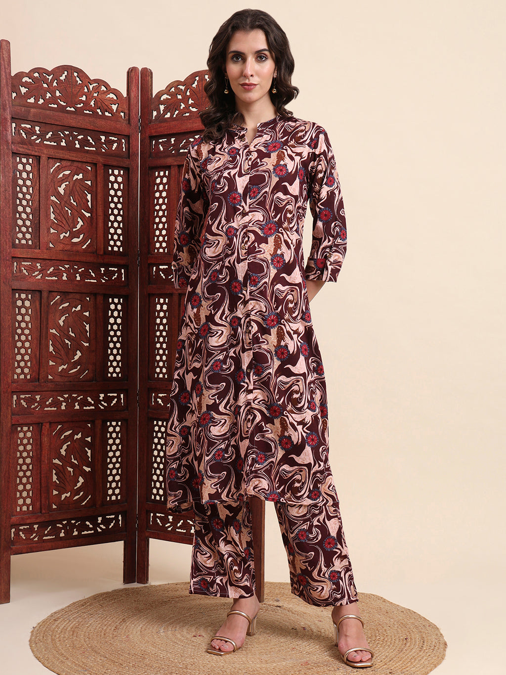 Maroon Rayon Foil Printed A-Line Kurta Pant Set (Copy)