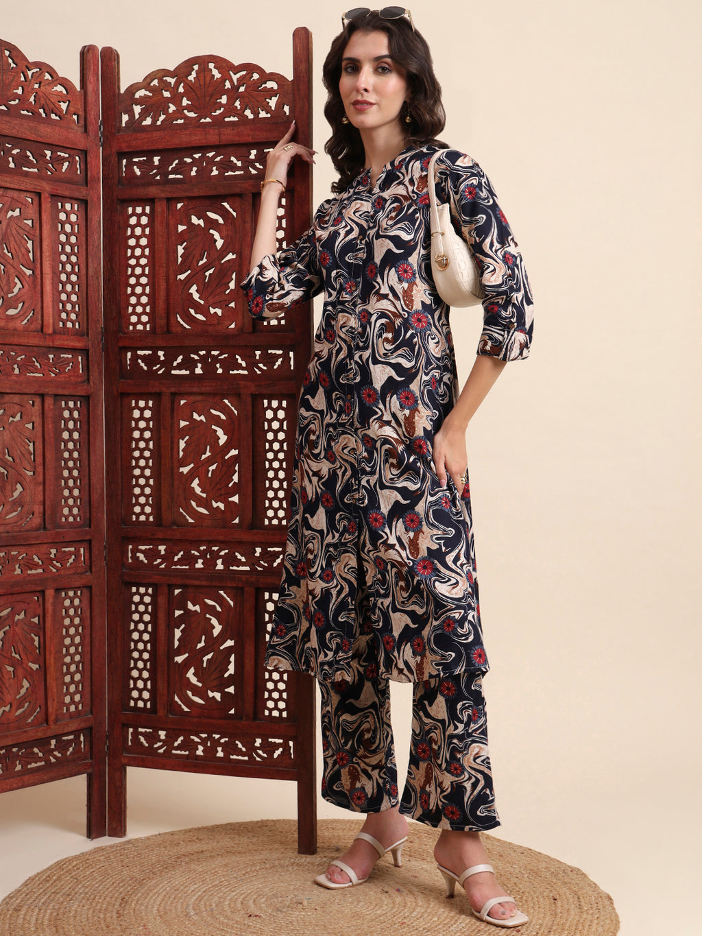 Black Rayon Foil Printed A-Line Kurta Pant Set