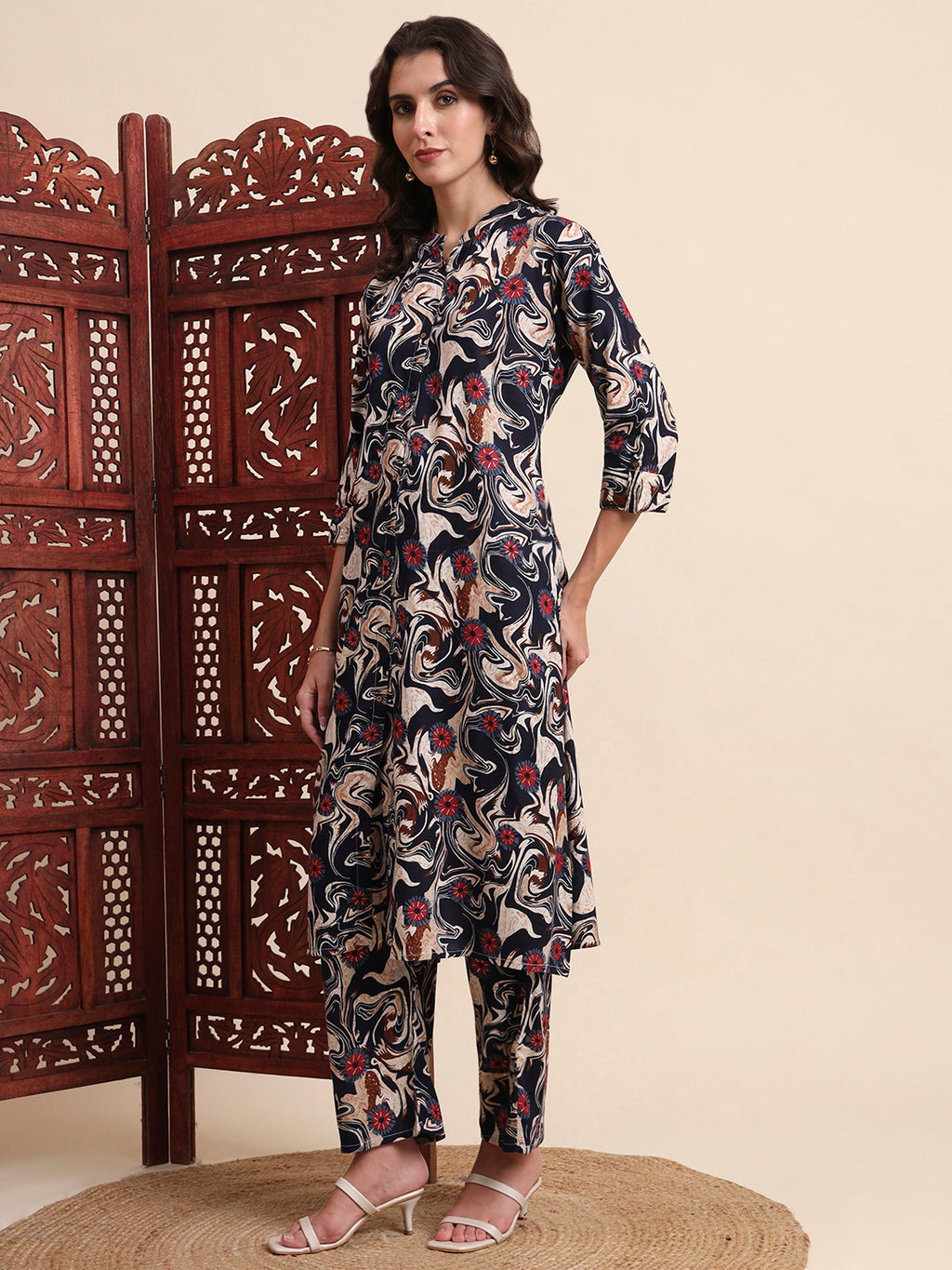 Black Rayon Foil Printed A-Line Kurta Pant Set