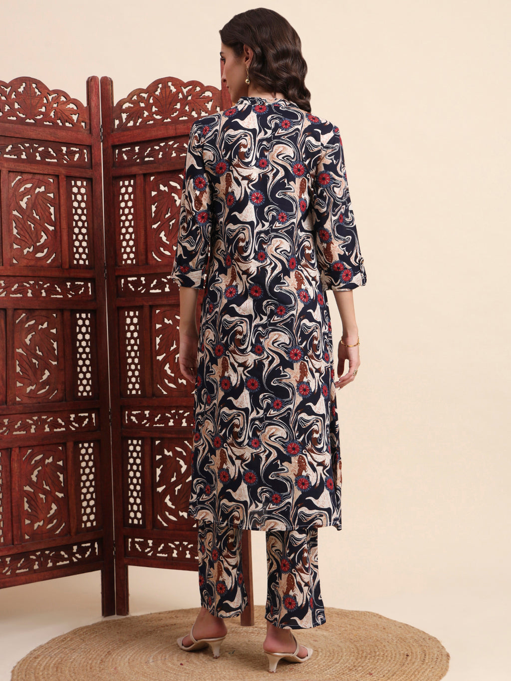 Black Rayon Foil Printed A-Line Kurta Pant Set