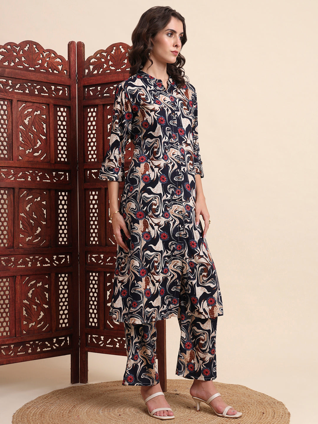 Black Rayon Foil Printed A-Line Kurta Pant Set